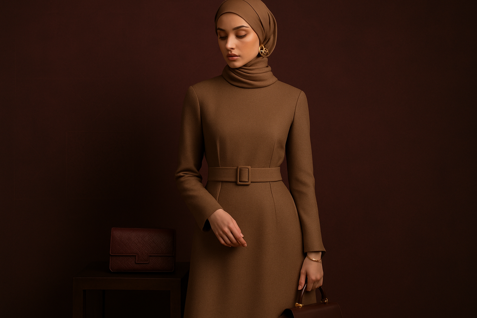 ''modest chic'' in a burgundy background
